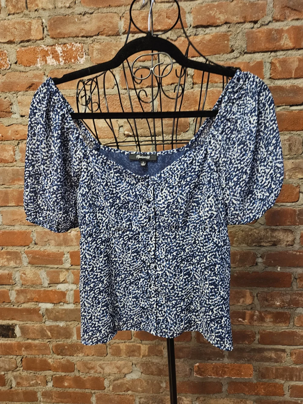 Madewell Blue and White Printed Puff Sleeve Top